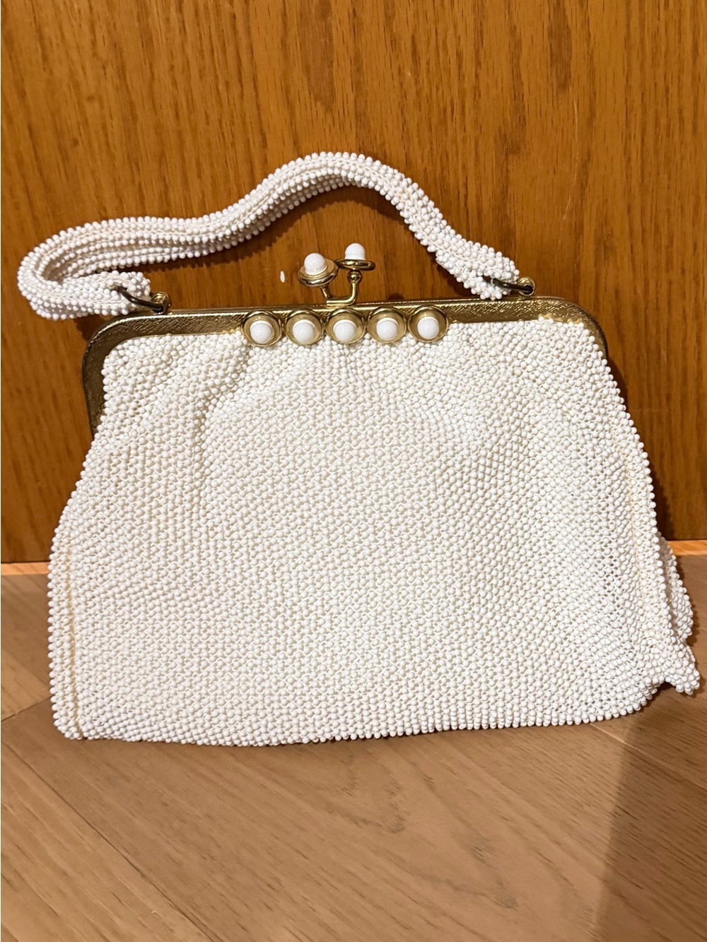 Vintage lumered Pearl petite bead Beaded White Evening Clutch with Gold Frame